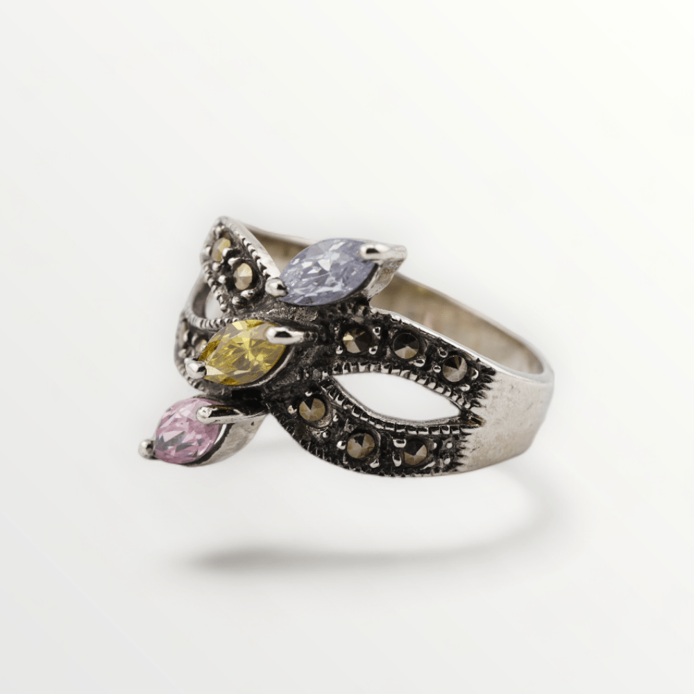 Vintage Marcasite Multi-Colored CZ Sterling Silver Ring - Size 6.5 - SCG