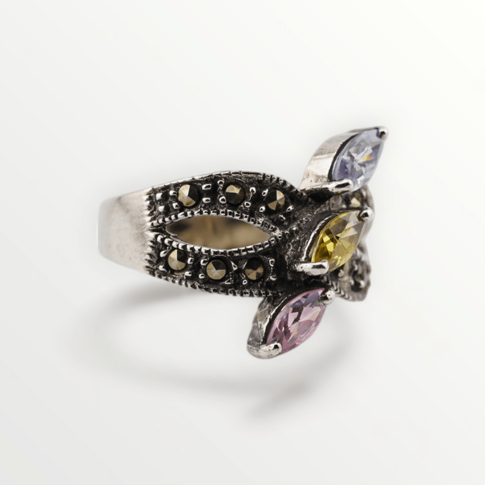 Vintage Marcasite Multi-Colored CZ Sterling Silver Ring - Size 6.5 - SCG