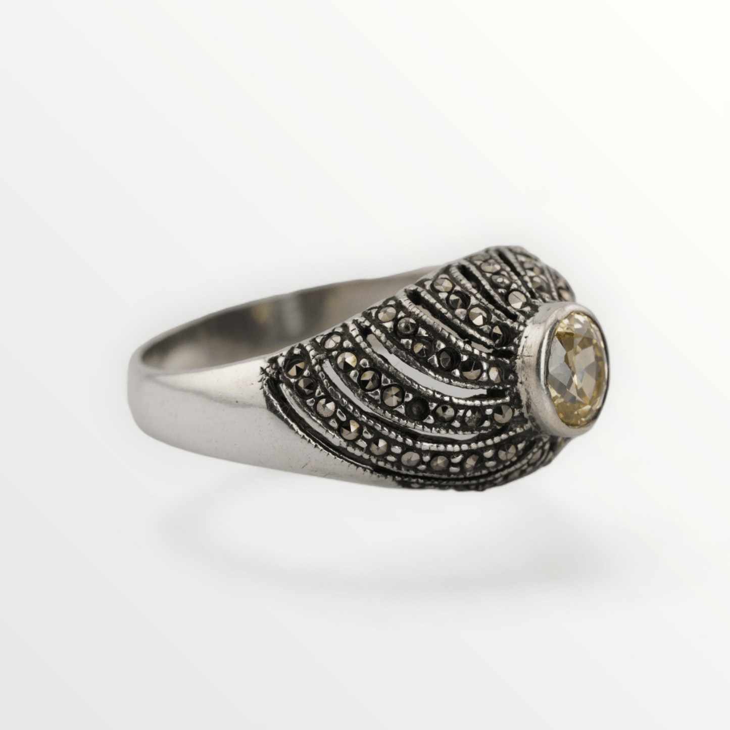 Vintage Yellow Zircon & Marcasite Sterling Silver Ring - Size 8 - SCG