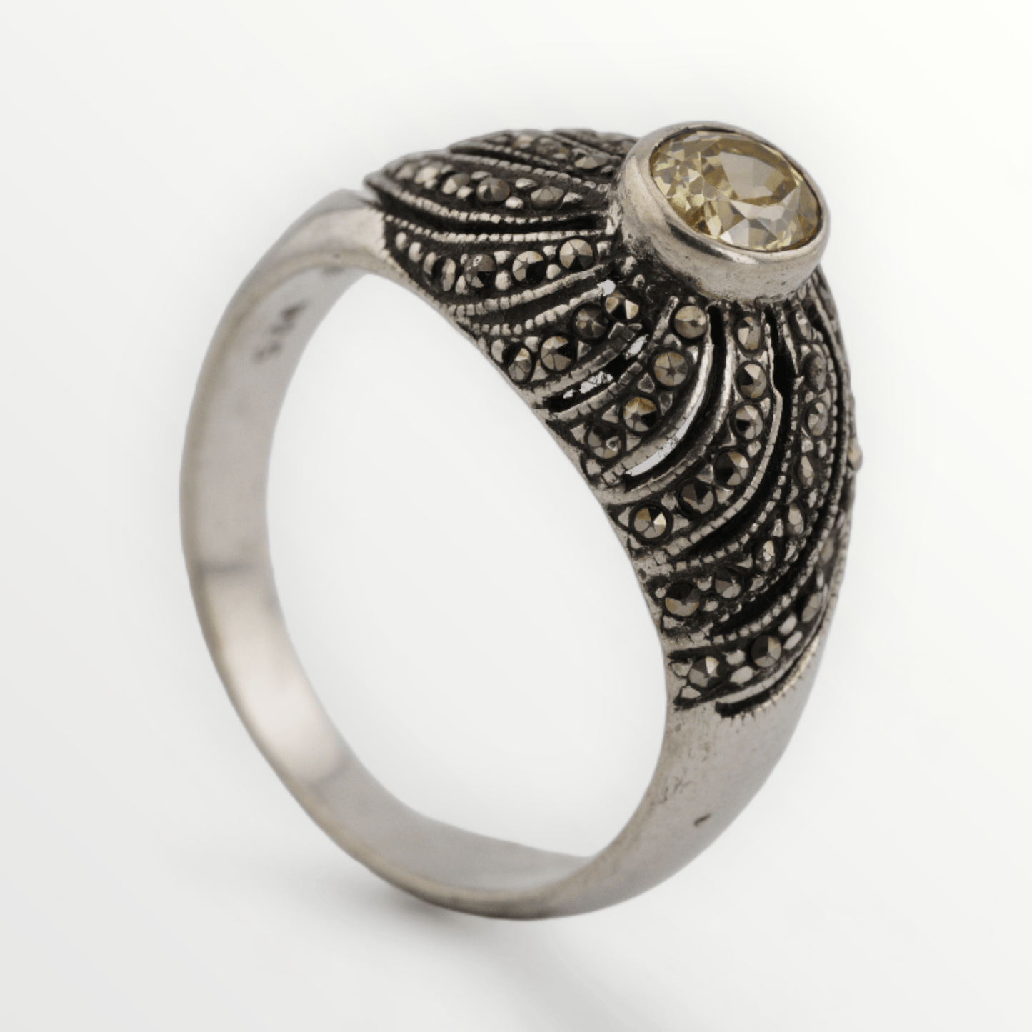 Vintage Yellow Zircon & Marcasite Sterling Silver Ring - Size 8 - SCG