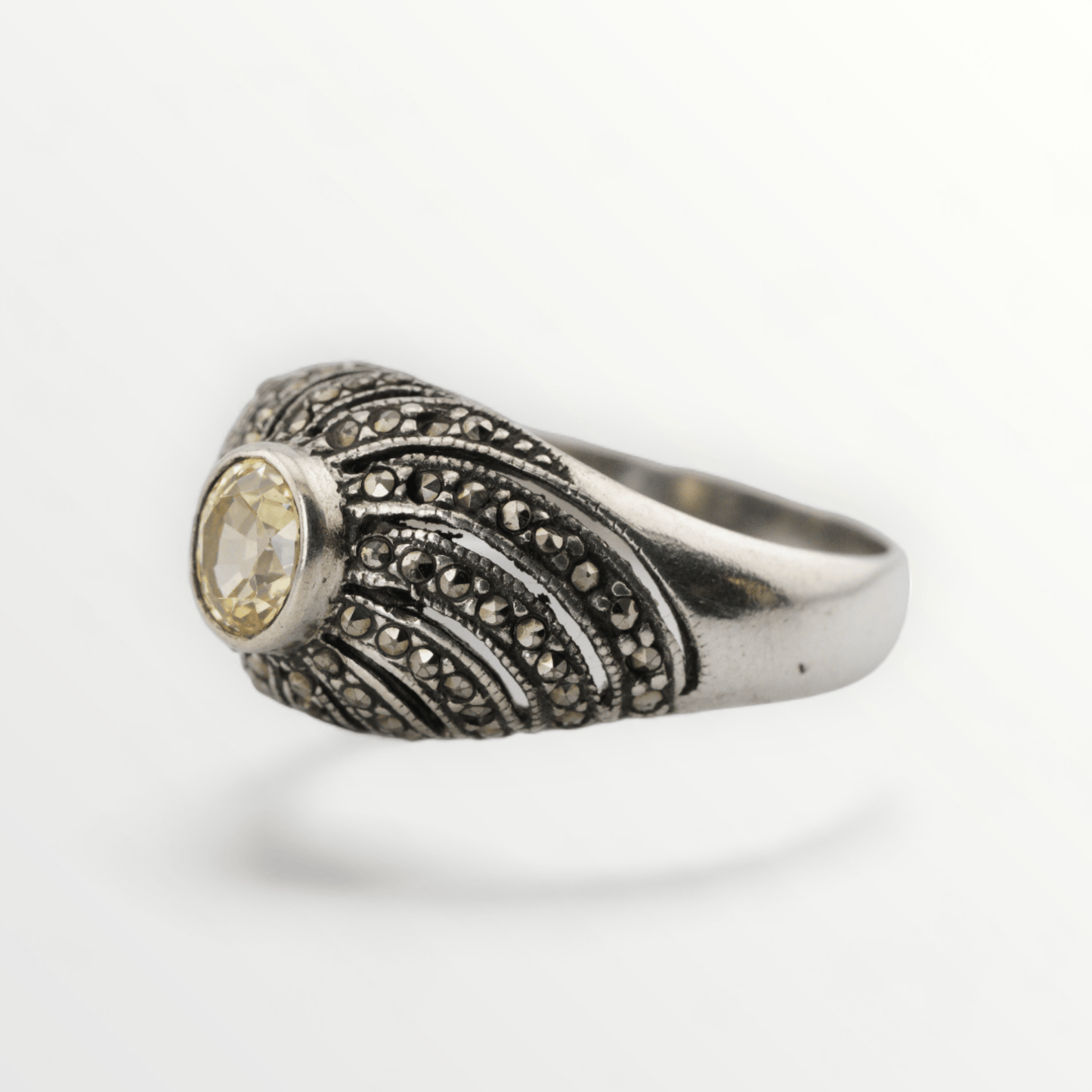 Vintage Yellow Zircon & Marcasite Sterling Silver Ring - Size 8 - SCG