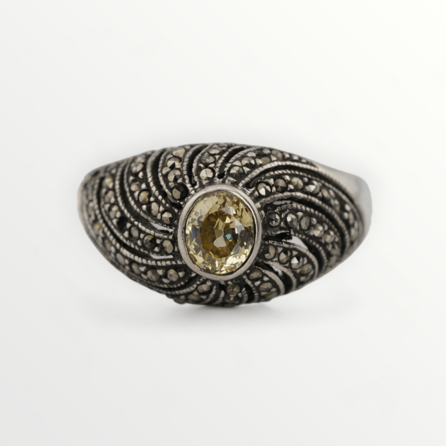 Vintage Yellow Zircon & Marcasite Sterling Silver Ring - Size 8 - SCG