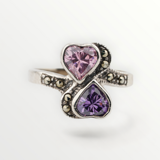 Vintage Pink and Purple Heart CZ Marcasite Sterling Silver Ring - Size