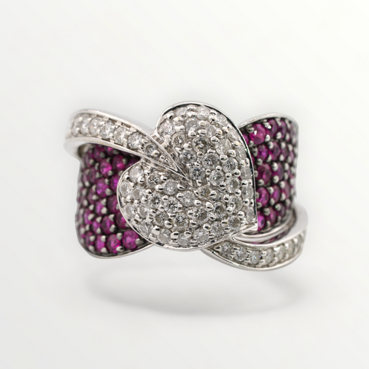 14k White Gold Diamond & Pink Sapphire Heart Ring - Size 6