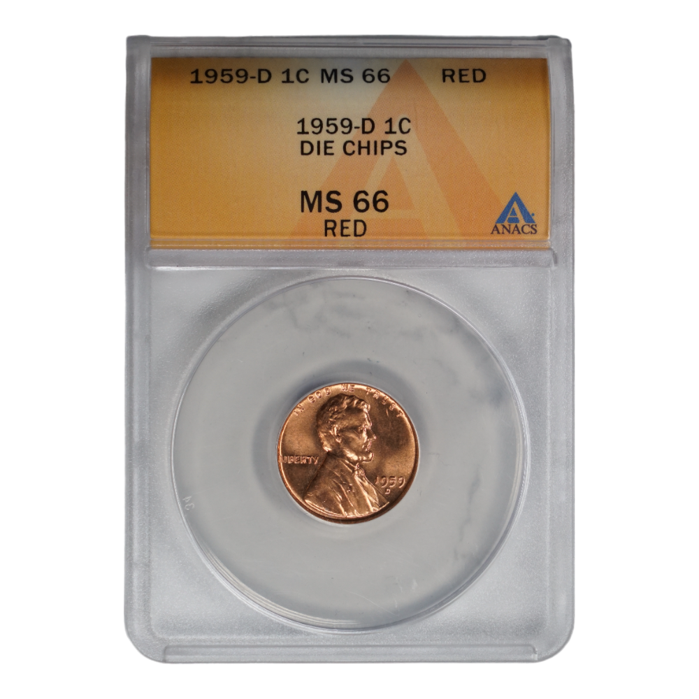 1959-D Die Chips Lincoln Memorial Cent ANACS MS66 RD