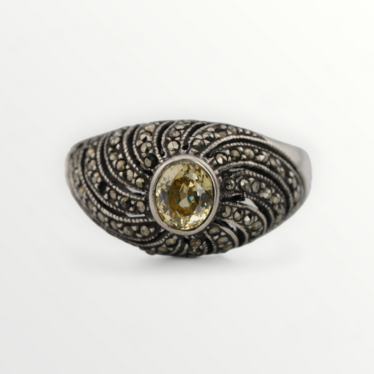 Vintage Yellow Zircon & Marcasite Sterling Silver Ring - Size 8