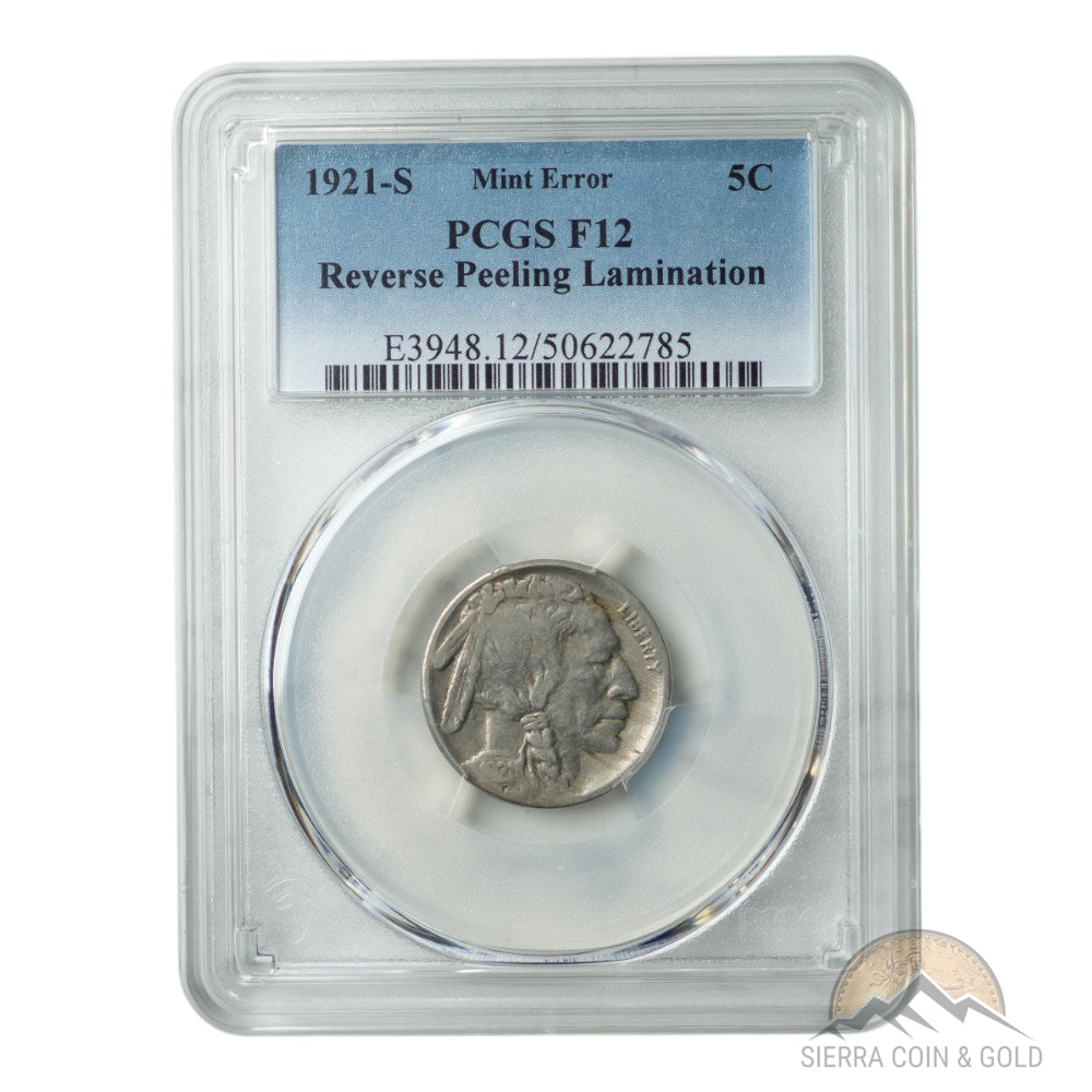 1921-S Buffalo Nickel – PCGS F12 – Mint Error: Reverse Peeling Lamination