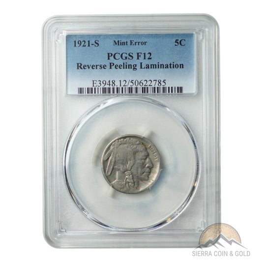 1921-S Buffalo Nickel – PCGS F12 – Mint Error: Reverse Peeling Lamination