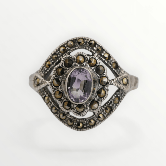 Vintage Amethyst & Marcasite Sterling Silver Ring - Size 6 - SCG