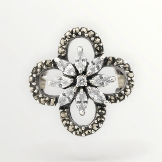 Vintage Clover Marcasite & CZ Sterling Silver Ring - Size 5.5 - SCG