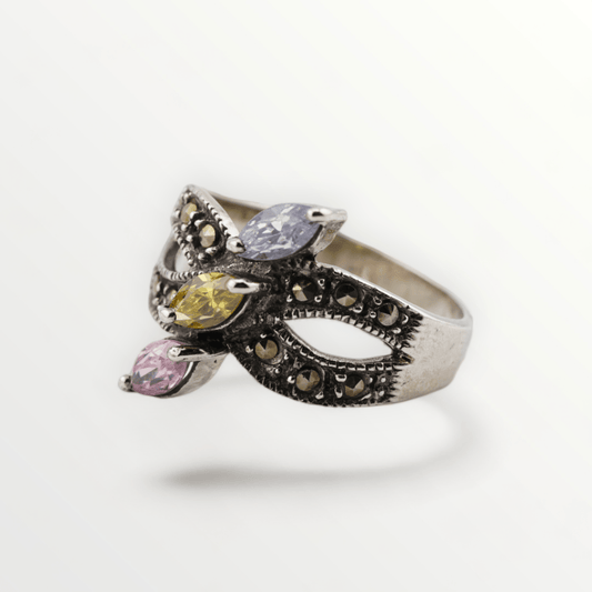 Vintage Marcasite Multi-Colored CZ Sterling Silver Ring - Size 6.5 - SCG