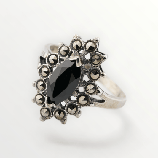Vintage Marcasite Onyx Sterling Silver Ring - Size 6 - SCG