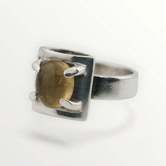 Vintage Yellow Cabochon Sterling Silver Ring - Size 9 - SCG