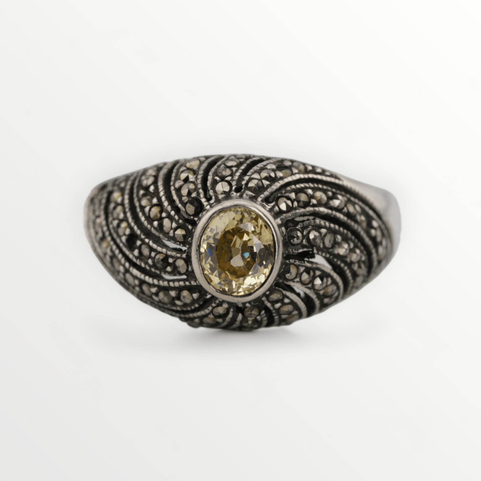 Vintage Yellow Zircon & Marcasite Sterling Silver Ring - Size 8 - SCG